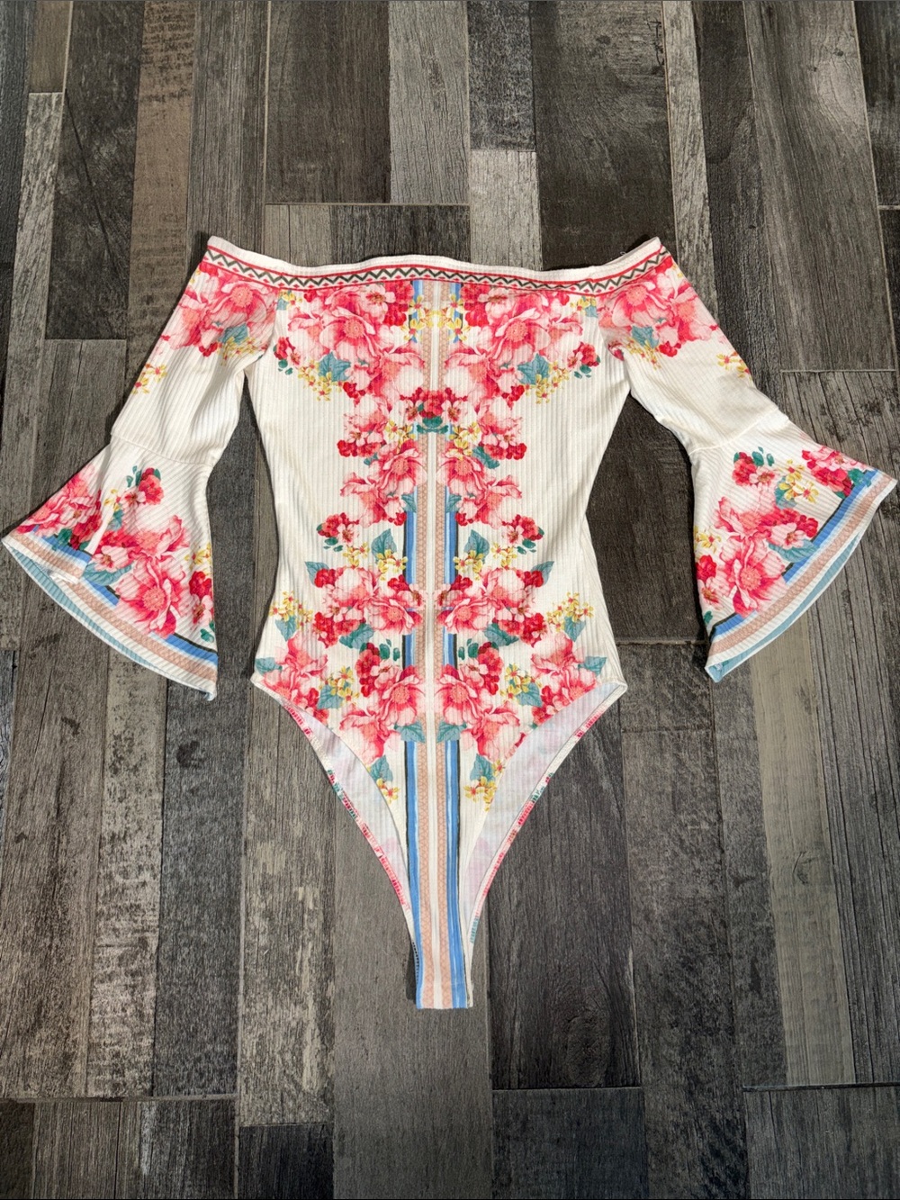 Flying Tomato Off-Shoulder Floral Bell-Sleeve Bodysuit - White, Pink, Blue - Picture 1 of 4